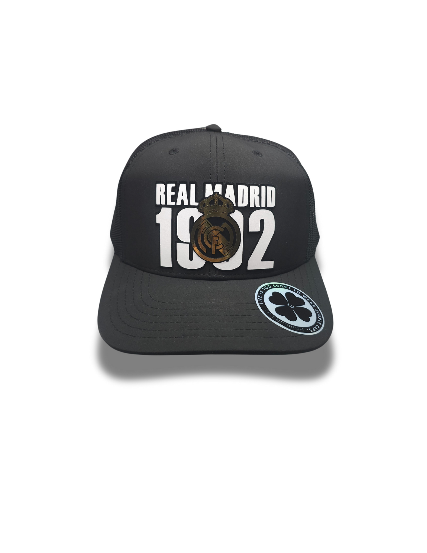 TRUCKER CAP Black/black mesh real madrid gold 3d design, Gorra 112