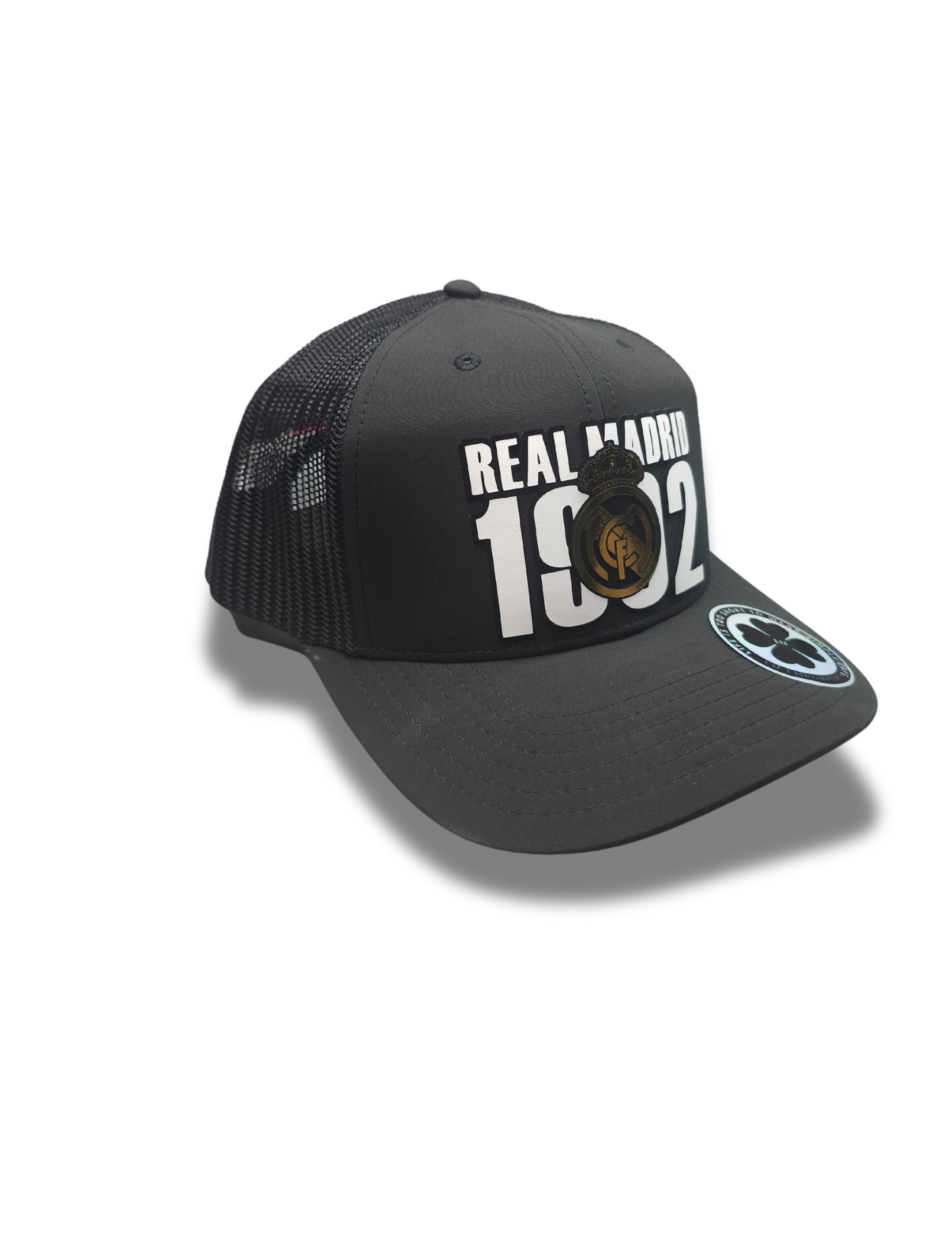 TRUCKER CAP Black/black mesh real madrid gold 3d design, Gorra 112